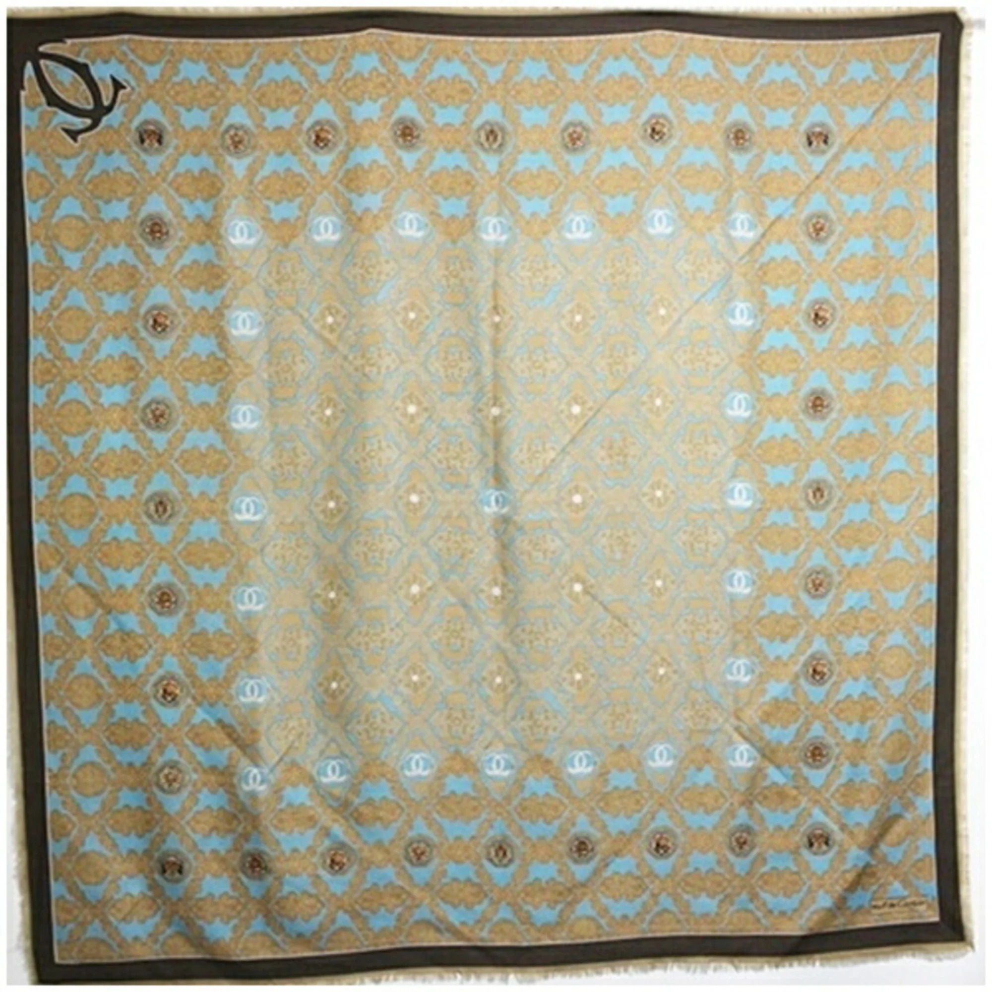 Cartier Must De Large Scarf/Muffler, Light Blue X Beige, Cartier, Women's